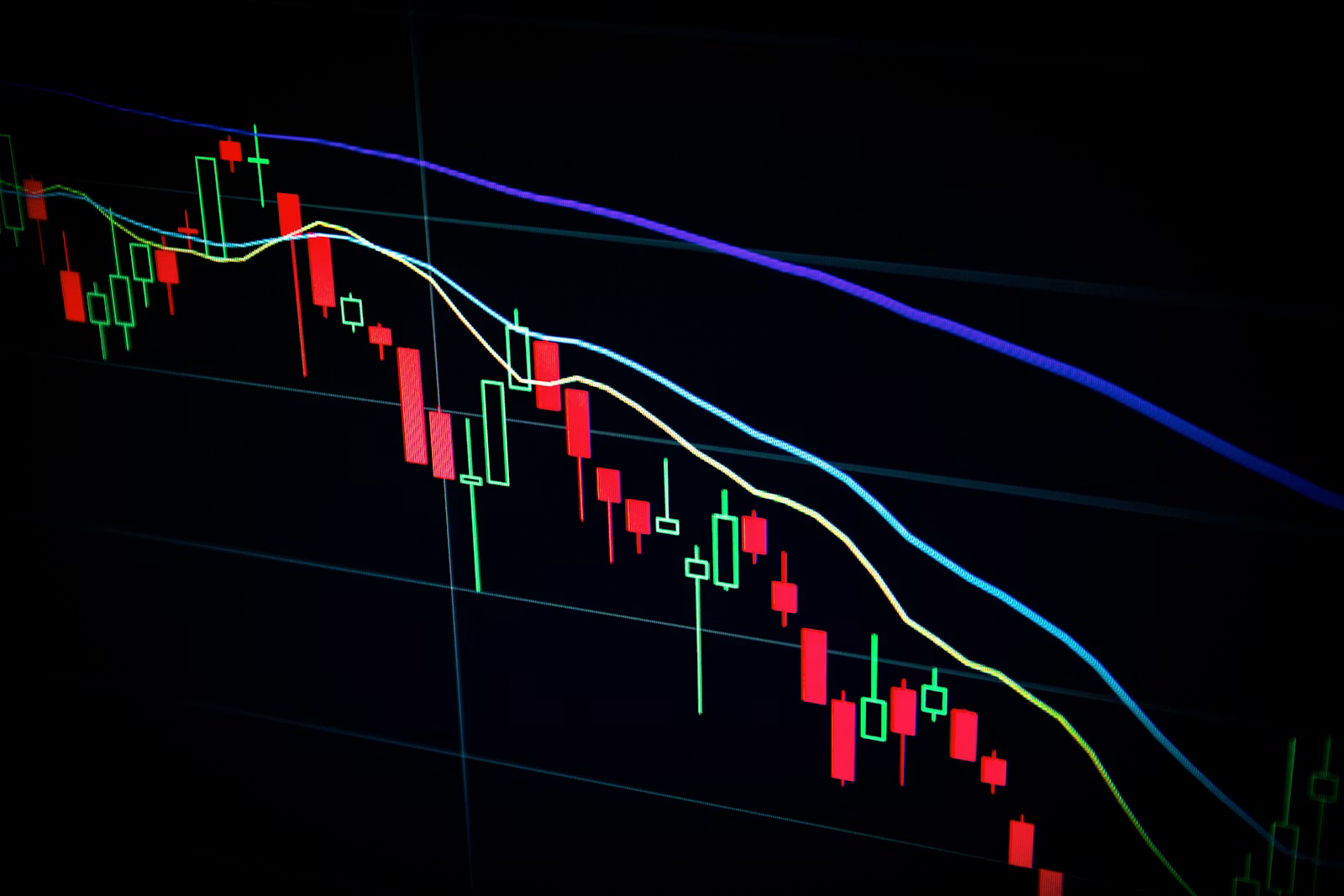 Stock market candlestick chart on a dark trading screen